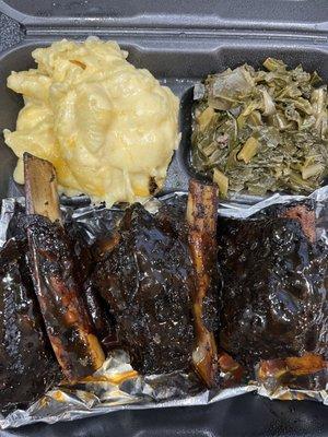 Beef rib plate with mac n cheese and greens: $28