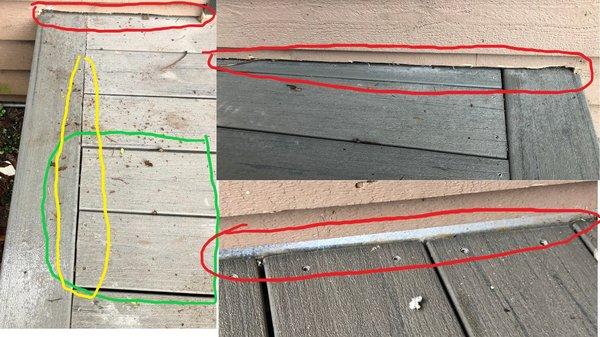 Left: uneven spacing and more saw marks along my siding.  Right upper, more saw marks. Right low, exposed metal