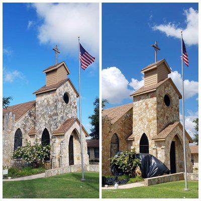 limestone restoration on the presbyterian church Leon Springs Texas.