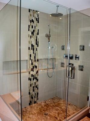 Custom-Built Shower Stand, shelves, tile mosaic