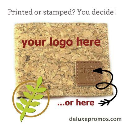 Custom logo'd cork wallet for business promotion. Promote sustainably at deluxepromos.com.