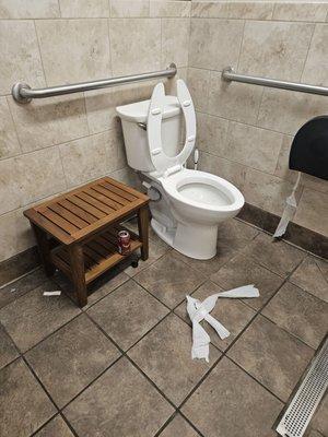 what the bathrooms look like most mornings..  nkthing stocked - tp, paper towels, soap.. and dirty