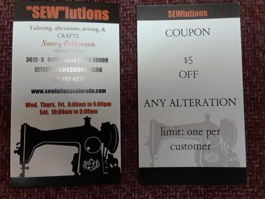 New coupon available at SEWlutions, Casual Male XL,
El Dorado Cleaners, and Continental Cleaners