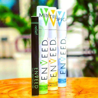 Disposable CBD vape pens by Enveed. Disposables are Clarity CBD, Relax CBD, and Relief CBD.