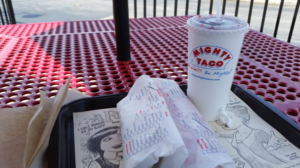 Buffarito, mighty taco, and loganberry drink