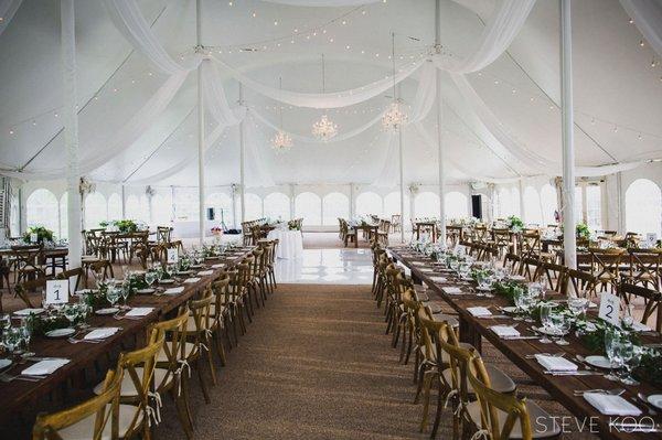 Tent Draping with Crystal Chandeliers and White Vinyl Dance Floor at Morton Arboretum