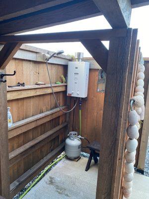 Outdoor Ecotemp shower powered by propane.