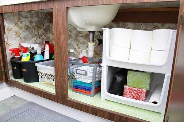 Organize under the bathroom vanity so that everything will fit.