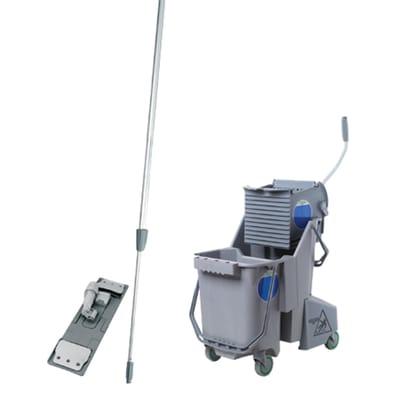 Double sided mop bucket with flat microfiber mop