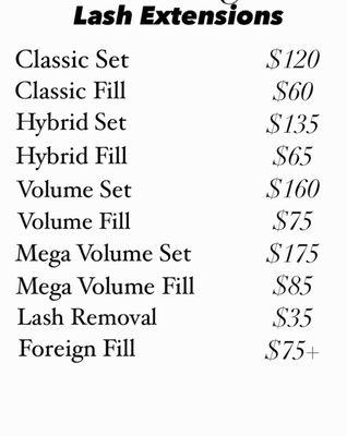 Lash extension price list