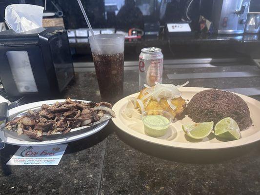 Vaca frita, moros, & tostones