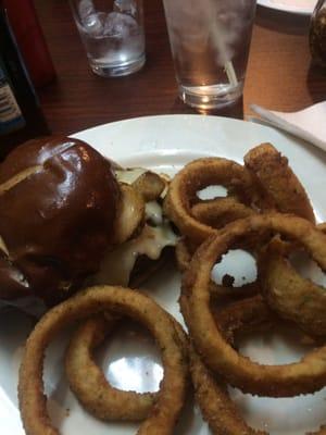 Great homemade burger on pretzel bun. Onion rings may be best I've ever had