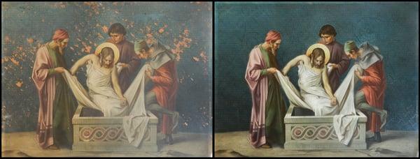 Station of the Cross, Oil on copper. This is a before and after photo of the restoration.