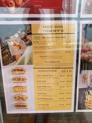 Hot dogs menu