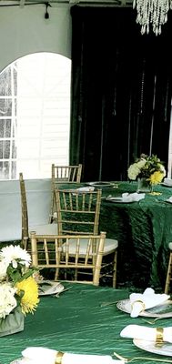 Green and gold for this Ivy League graduate! Custom corner panels adorned with crystals, crushed taffeta linens and gold Chiavari chairs.