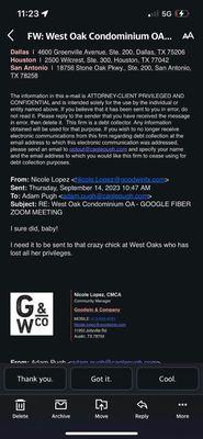 Goodwin Employee and West Oaks HOA's Attorney Email