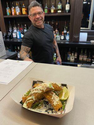 Ts and Tacos Chef Louie with the Street Corn Riblets with Elote, Chile Lime Crema and Jalapenos. The flavors POP!