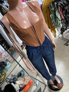 Faux Leather Camel Bustier Top, Denim Cargo Pants, Leopard Print Pointy Toe Cutout Heels!