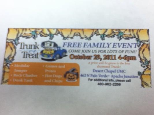 October 29, 2011 4-6 pm Trunk or Treat Free Family Fun