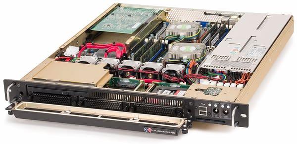 A high-performance 1U military grade computer offering XEON processing with two plug-in card slots and 3 hard drives.