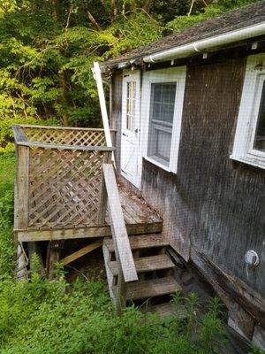 back deck with collapsed gutter and rotting roof. Grass/ Weeds knee high tall. Plus this door does not lock.