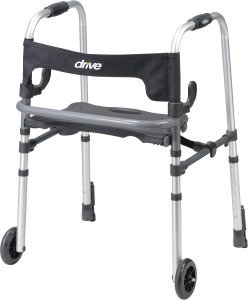 Walker lightweight  with flip-up seat for sitting or can use as traditional walker, rear glide push down breaks, easy fold, and 5" wheels.