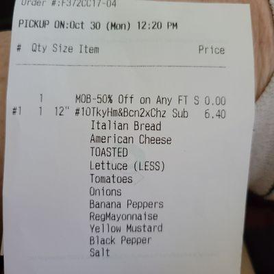 Receipt from. 10/30/23 order.