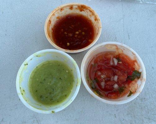 (Top) Spicy Salsa (bottom left) Creamy Medium Salsa (bottom right) Fresh Pico De Gallo