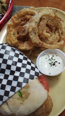 Chile Relleno Torta with avocado and Out of this world onion rings!