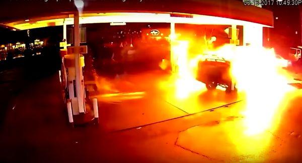 March 13, 2017: Just before 8pm, an Uber driver carrying a passenger in an SUV crashes into a gas pump, exploding in a ball of flame.