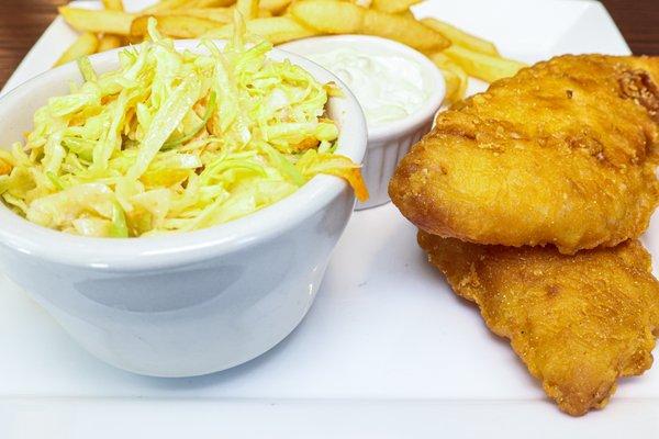 Fish fry with coleslaw, homemade tarter sauce and a side of french fries