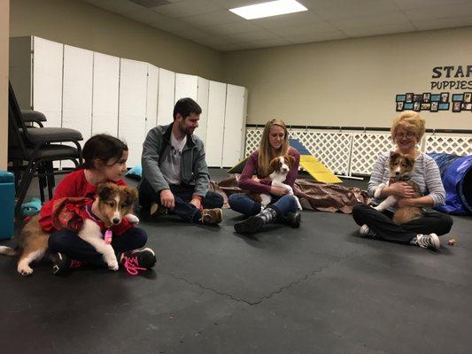 Here the pups take one of their many  breaks, while their owners learn this week's topic and teach pups  foundation obedience skills.