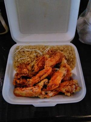 12 Piece (alleged) Honey Wings w/ fried rice.