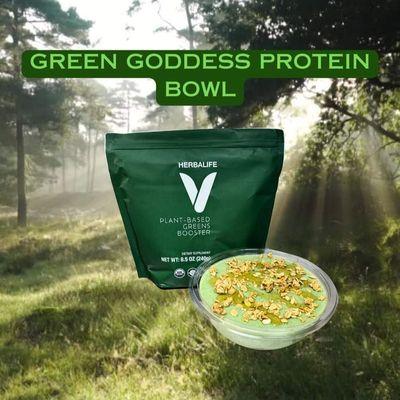 The Green Goddess Bowl contains 240 calories, 25 Grams Protein (before topping with granola & honey)