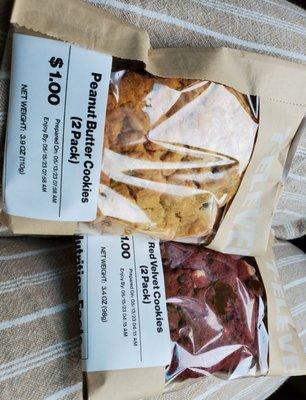 2 Peanut butter cookies pack and 2 Red Velvet cookies pack - each pack was $1.00