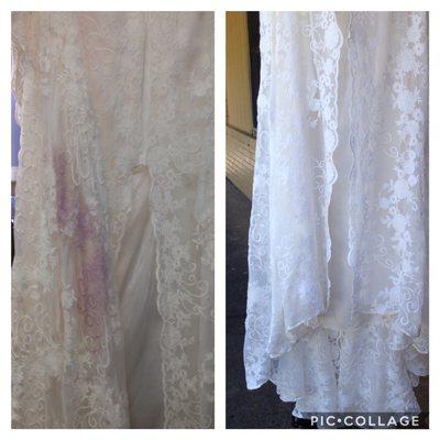 Red wine was spilled on this 100% silk wedding gown.