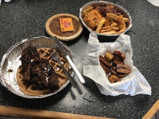 Chicken and Waffles, Butternut Squash Pie, Plantains, Cajun Steak Fries, Baked Macaroni and Cheese, Fried Cabbage