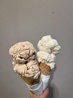 Double scoop cones of chocolate and pecan