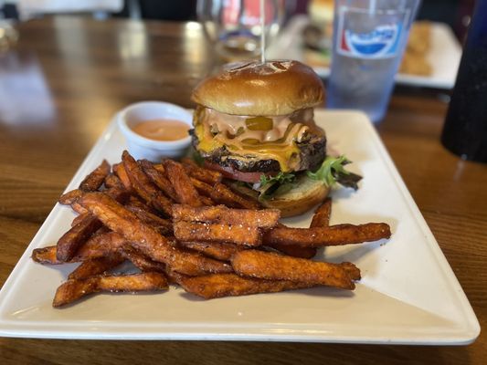 Cheeseburger and sweet potato fries.