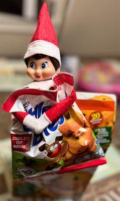 Elf on the Shelf "Tilly" with our 5 year old's favorite breakfast, Little Bites Chocolate Chip Muffins for when she wakes up!