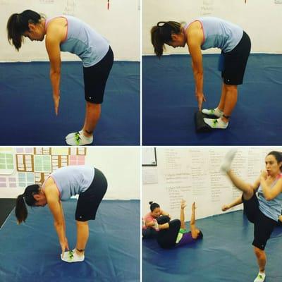 With proper activation, she was able to touch her toes and kick up to her head in one session.