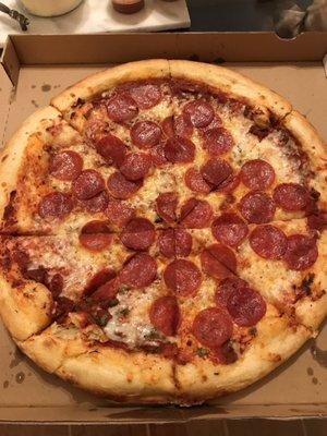 Pepperoni Pizza is my favorite. I like the thickness of the crust and it taste really fresh.