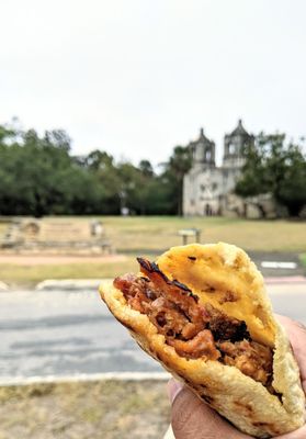 Having brunch at Mission Concepción: Chicharrón prensado gordita from Gorditas Mi Torreón