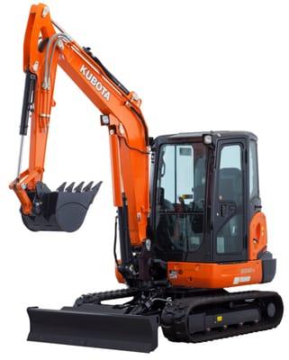 KX-040 excavator with angle blade, thumb, enclosed cab, heat and air