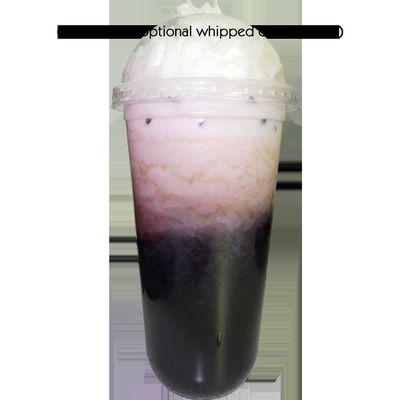 Blueberry iced tea with milk and whipped cream.