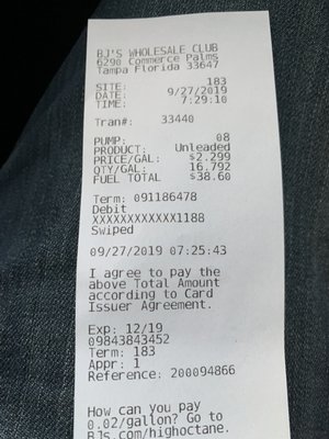 Receipt showing what was paid... it should have been $2.25/gal