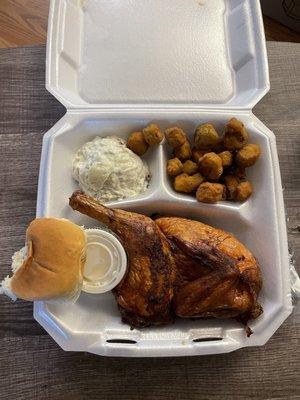 Smoked BBQ Chicken Plate with Fried Okra and Potato Salad