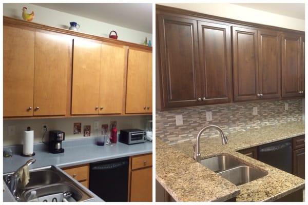 Replaced doors with alder raised panel, refinished existing framework and new doors to chestnut with dark walnut glaze