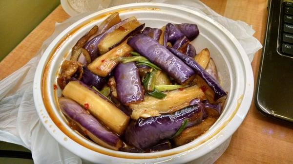 Eggplant with garlic sauce and rice