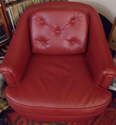 MCM Henredon arm chair reupholstered in deep red vinyl. So comfortable and easy to care for. Looks like leather! We love it!